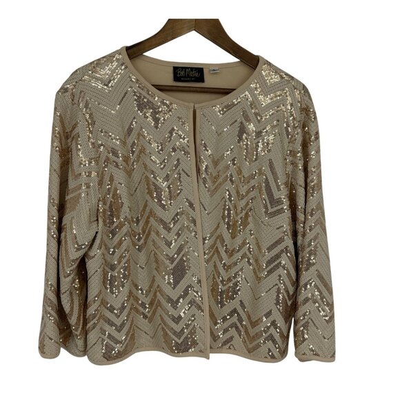 Bob Mackie Wearable Art Beige & Gold Sequin Chevron Jacket Fully Lined Size XL - Picture 1 of 9